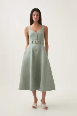 CLAY BELTED MIDI DRESS (WILLOW GREEN)