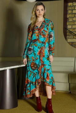 FRILLING EFFECT DRESS (BLUE FLORAL)