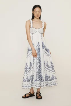 HAZEL SMOCKED EMBROIDERED MIDI DRESS (WHITE)