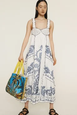 HAZEL SMOCKED EMBROIDERED MIDI DRESS (WHITE)