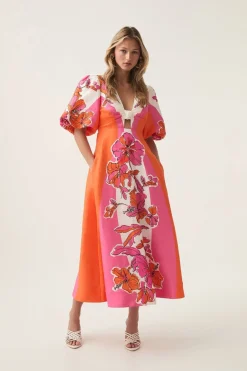 OVERFLOW KNOTTED MIDI DRESS (VIVID HIBISCUS)