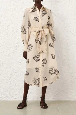 PRINTED RUFFLE MIDI DRESS (CREAM POPPY)