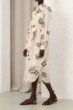 PRINTED RUFFLE MIDI DRESS (CREAM POPPY)