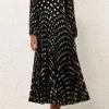 PUSSYBOW MIDI DRESS (BLACK/CREAM SPOT)