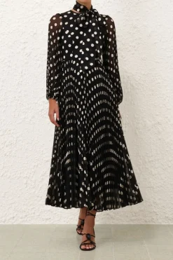 PUSSYBOW MIDI DRESS (BLACK/CREAM SPOT)