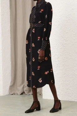 PUSSYBOW MIDI DRESS (BLACK FLORAL)