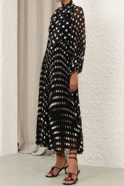 PUSSYBOW MIDI DRESS (BLACK/CREAM SPOT)