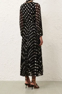 PUSSYBOW MIDI DRESS (BLACK/CREAM SPOT)