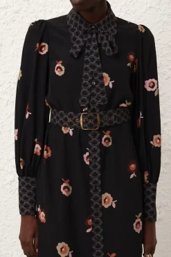 PUSSYBOW MIDI DRESS (BLACK FLORAL)