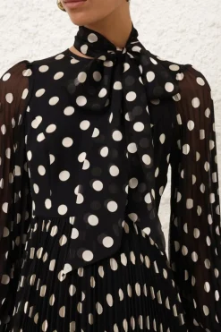 PUSSYBOW MIDI DRESS (BLACK/CREAM SPOT)