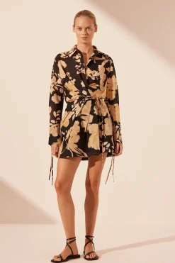 XENIA DRAPED SHIRT MINI DRESS (BLACK/MULTI)