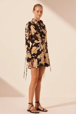 XENIA DRAPED SHIRT MINI DRESS (BLACK/MULTI)